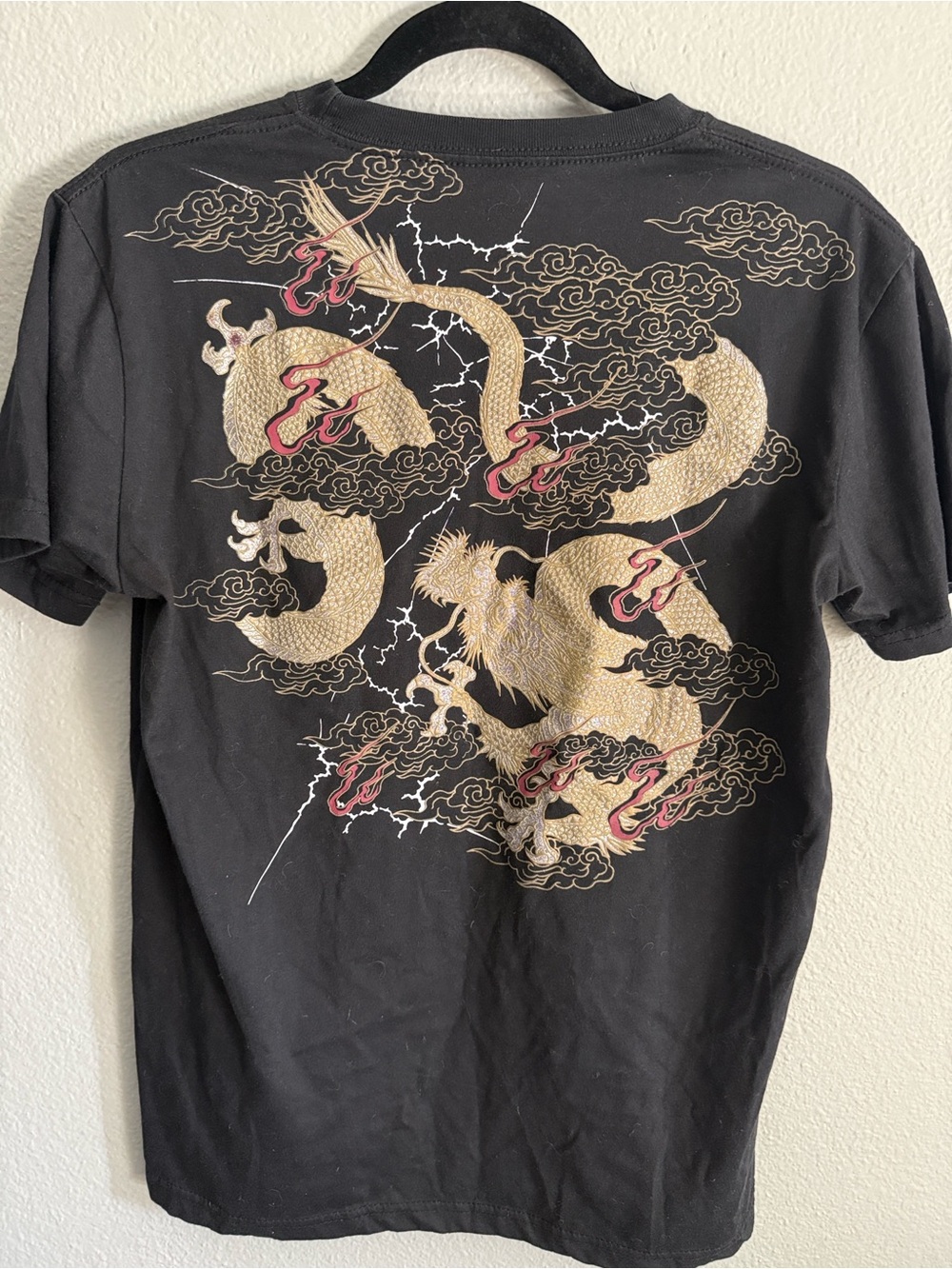 Black Japanese Dragon Graphic T-Shirt Gold Double-Sided Print